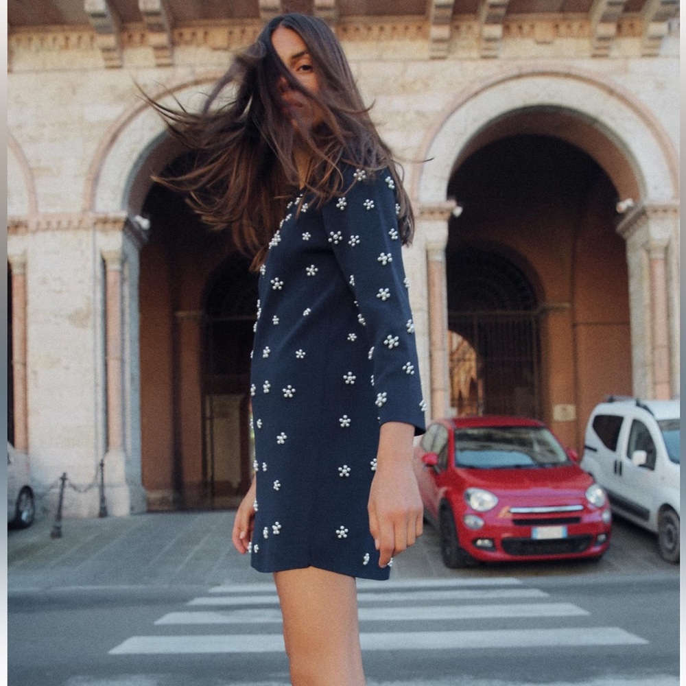 Zara Knit Dress with Embellished Pearls Navy